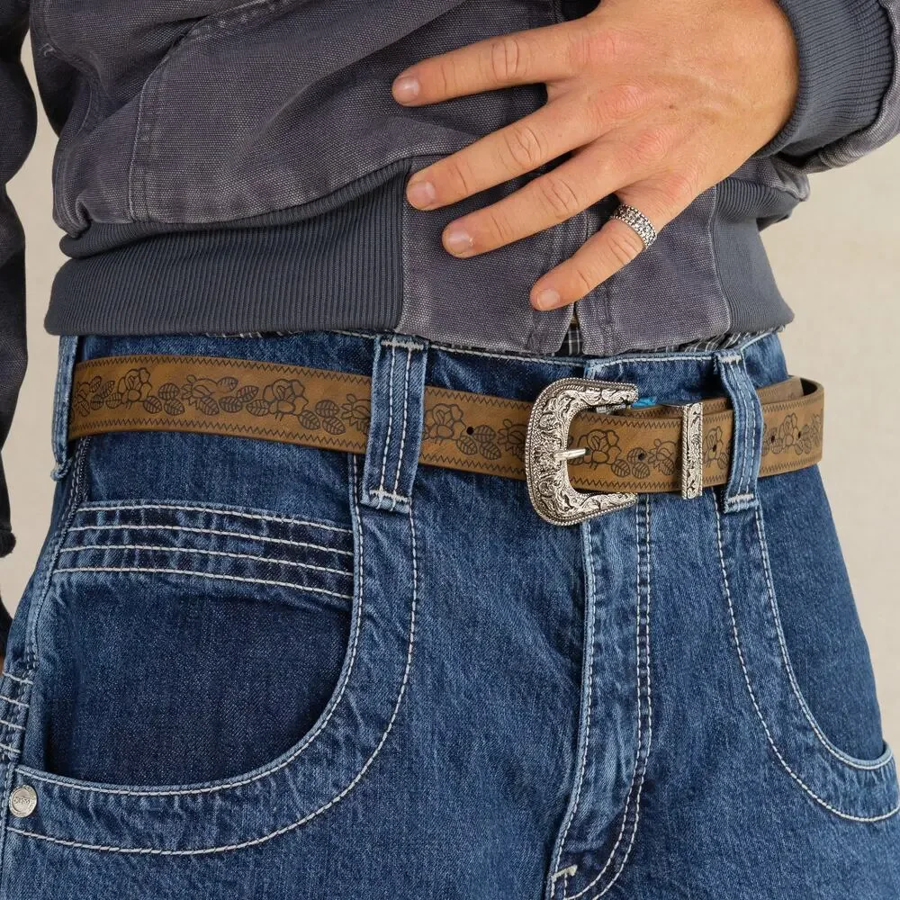 Y2K Brown Leather Belt Silver Buckle Adjustable Unisex Vintage New